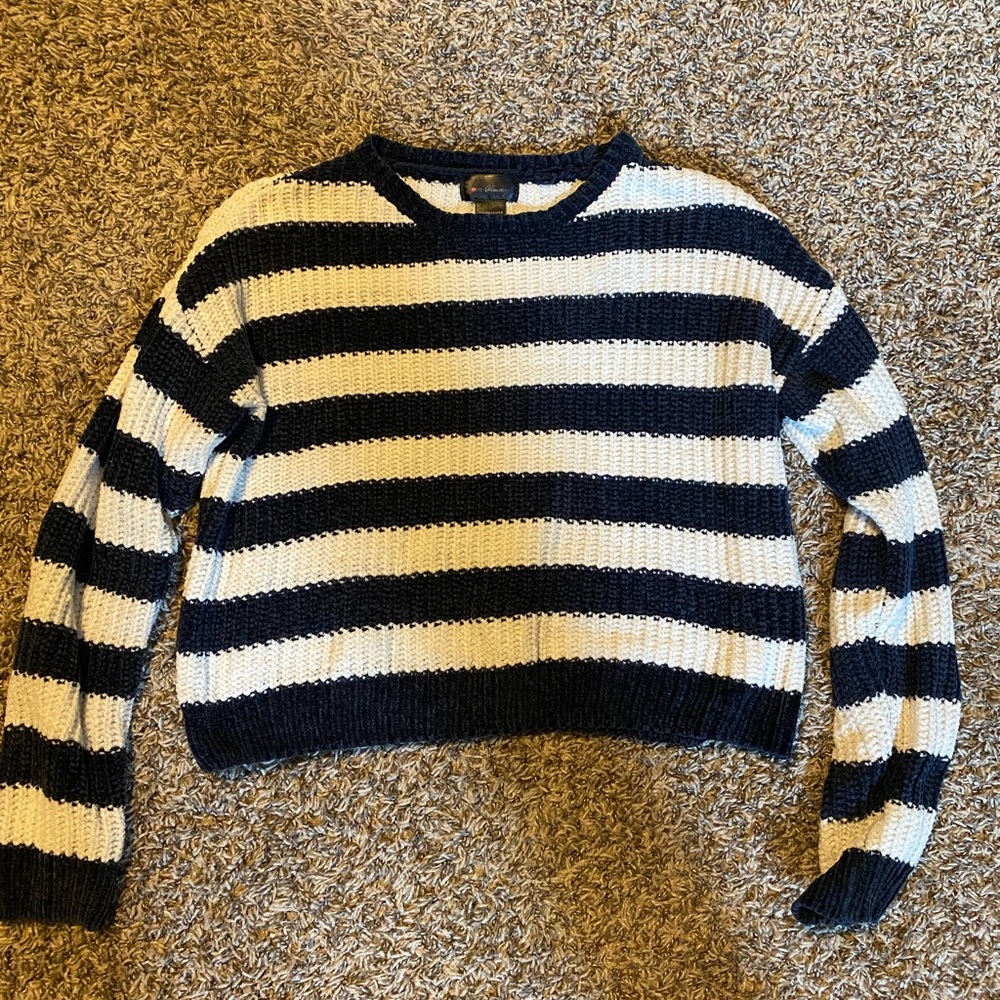 Blue and white striped cropped sweater.